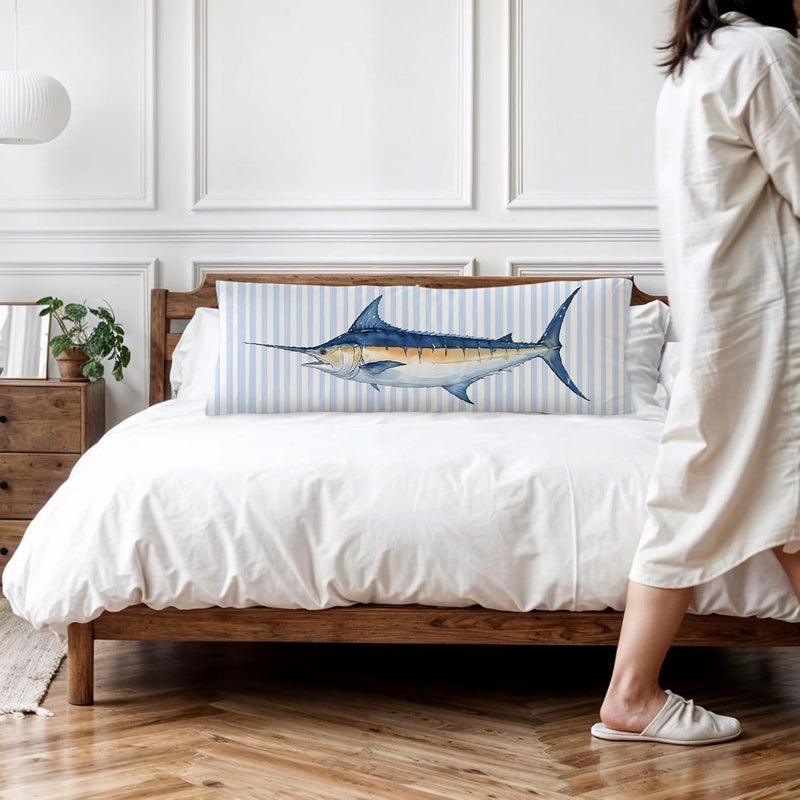 Exqcom Store Nautical Coastal Ocean Fish Body Pillow Covers 20x54, Coastal Room Decor, Preppy Beach Blue Striped Marlin Fish Long Body Pillow Case Cover with Hidden Zipper for Women Men Adults - Image 2